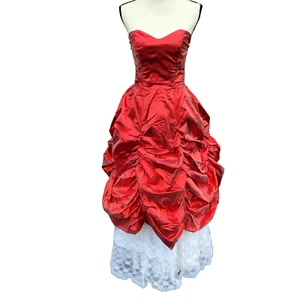 Vintage 1980s Red Metallic Taffeta White Lace Nadine Prom Dress Sz 7 Union Made - Picture 1 of 19