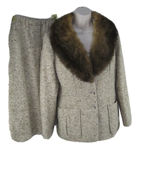 De Colección KIRKLAND HALL Marrón 2 Piezas Cuello de Piel Tweed Falda Traje Talla 8/10 PT Forrado EE. UU.! Foto 1 de 4