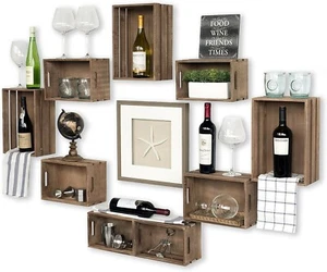 Rustic Wine Rack Storage Baskets Wall Mount Wooden Crates Walnut Set of 12 - Picture 1 of 7