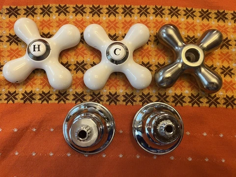 Vintage Hot & Cold Cross Handle Sink Knobs With Base Plus Stainless Knob Cover