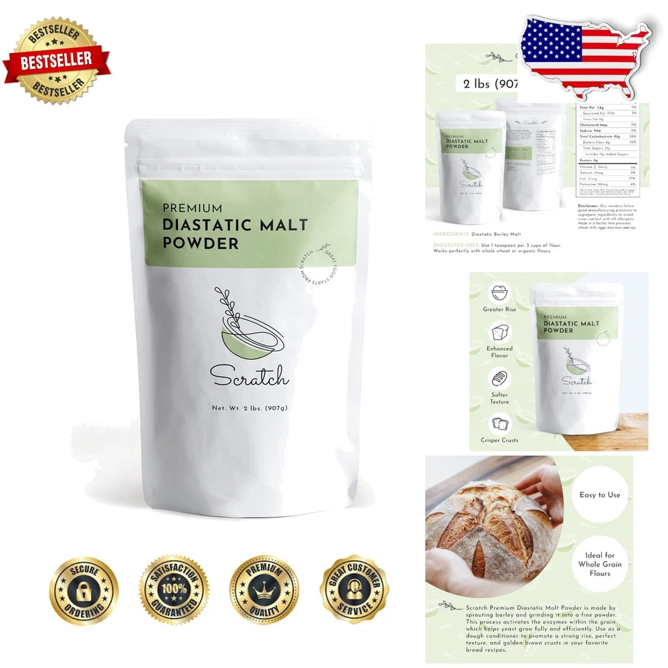 Scratch Diastatic Malt Powder for Baking - (2LB) Dried Barley Malt for Baking...
