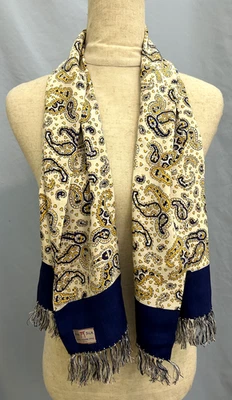Чистый шелк прямоугольный шарф с бахромой концы желтый, темно-синий и белый пейсли печать - Изображение 1 из 4