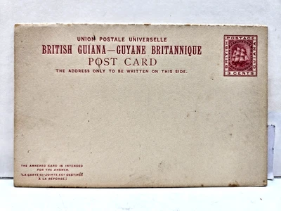 Tarjeta postal de respuesta pagada de la Guayana Británica - sin usar y sin cortar - c.1887 Foto 1 de 3
