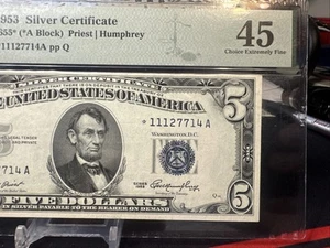 🤩 $5 1953 SILVER CERTIFICATES STAR Fr# 1655* ( PMG 45 )  ⭐️-A Block - Picture 1 of 9