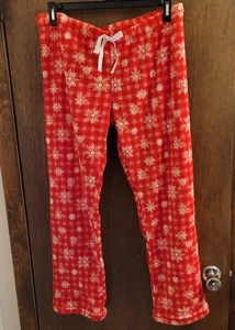 Ladies Large SNOWFLAKE GINGHAM Plush Fleece Pajama Pants Brand New Red White  - Picture 1 of 5