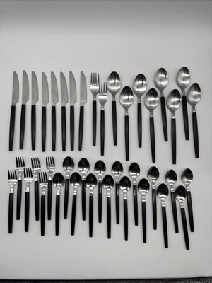 Set Of 40 Vintage MCM Stainless Steel Black Plastic Handle LightweightSilverware - Image 1 of 4