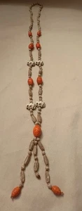 Antique MAX NEIGER Orange Beads W/Custard Glass Elephant Beads Sautoir Necklace - Picture 1 of 9
