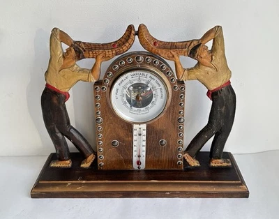 Ancien baromètre thermomètre  bois sculpté polychrome pelote Pays Basque France - Photo 1/4