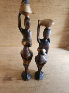 Statua femminile arte popolare africana scultura legno intagliato a mano vintage coppia - Foto 1 di 24