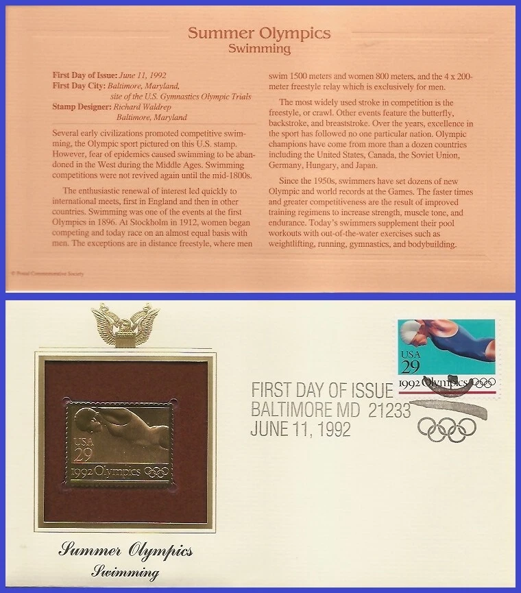 USA7 #2641 U/A GOLDEN REPLICA FDC   Swimming Olimpics - Image 1 of 1