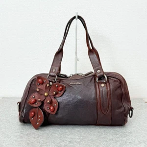 MIU MIU 2Way Mini Boston Bag Brown Shiny Leather Flower Studs Vintage Used JPN - Picture 1 of 12
