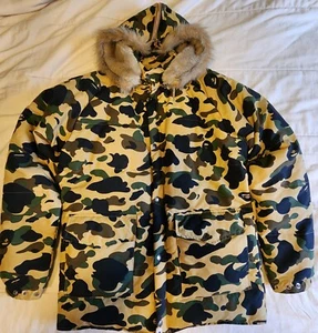 BAPE Yellow Camo Fur Puffer Down Jacket a bathing ape NIGO Size L - Picture 1 of 14
