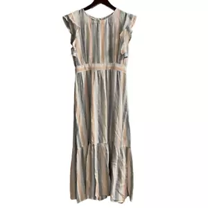 Maxi abito donna lino Cynthia Rowley M a righe manica svasata gonna a strati - Foto 1 di 6