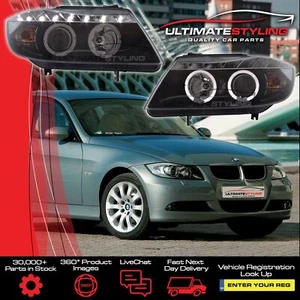 BMW 3 Series E90 Headlights Twin Halo Angel Eyes LED DRL Black Projector 2005-08 - Picture 1 of 21
