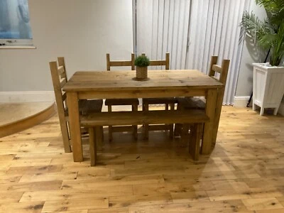 Farmhouse Style, Rustic Dining Table With 4 Chunky Chairs and a Bench - Image 1 of 4