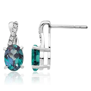 14K Solid White Gold Lab Alexandrite Diamond Dangle Earrings - Picture 1 of 11