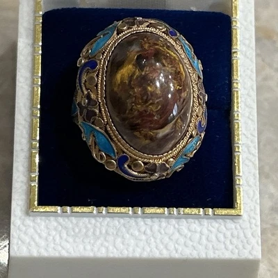 Anel vintage grande de ágata e esmalte colorido lavado a ouro prata tamanho 8,5 ajustável - Imagem 1 de 4