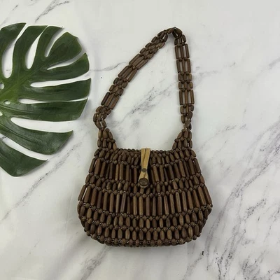 Vintage Wood Beaded Shoulder Bag Purse Brown Boho Tropical Small Festival - Image 1 of 4