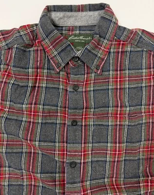 Eddie Bauer Flannel Shirt Men L Tight Fit Gray Red Green Plaid Cotton Outdoors - Image 1 of 4