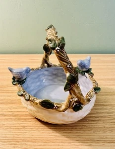 Majolica Pottery Basket Weave Winding Vine & Berry Twig Handle 2 Bluebirds 6" - Picture 1 of 6