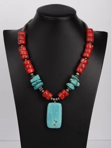 Vintage Southwest Turquoise & Red Cora Sterling Silver Accents Beaded Necklace - Picture 1 of 10