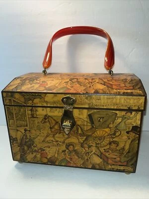 VTG Anton Pieck Street Scene Decoupage Wood Box Lucite Handle Handbag Purse Rare - Image 1 of 4