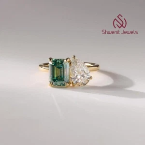 2Ct Emerald & Pear Lab Diamond Ring 10K Yellow Gold VS1/E IGI Wedding Engagement - Picture 1 of 8