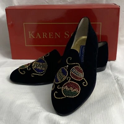 Женские бархатные туфли на плоской подошве с бисером Karen Scott размер 8B черные украшения никогда не носились - Изображение 1 из 4