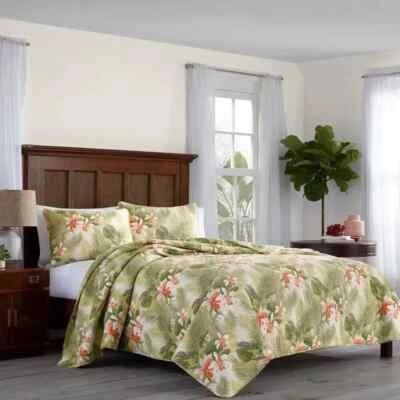 Queen Quilt Set Tropical Floral Orchids Coastal Exotic Green Blue Bahama 3Piece - Image 1 of 4