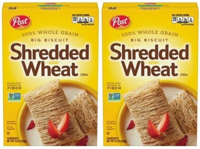 Post Shredded Wheat Big Biscuit 100% 全谷物谷物 15 盎司(2 盒)纤维 — 第 1/3 张图片