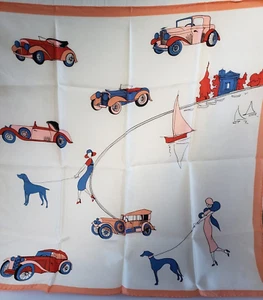 Vintage Japan Woman's Ivory Printed Scarf 1920's Art Deco CARS LADY WALKING DOG  - Picture 1 of 9