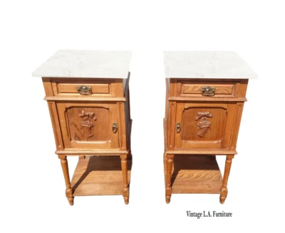 Pair Antique French Oak White Marble Top Nightstands - Image 1 of 4