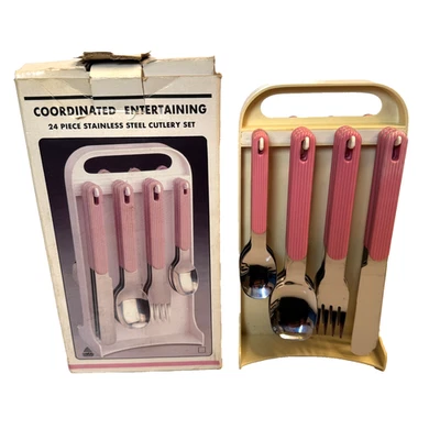 Vintage 24pc Hanging Cutlery Set with Stand Pink Handles in Original Box - Bild 1 von 4