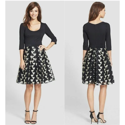Vestido Plenty by Tracy Reese negro ajuste geométrico y acampanado Eliza para mujer 4 nuevo con etiquetas dorado Foto 1 de 4