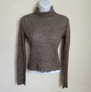 Chelsea & Violet Womens XS Brown Metallic Lettuce Trim Mock Neck Sheer Sweater - Picture 1 of 6