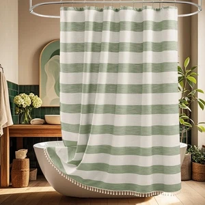 Boho Bauernhaus schwerer Duschvorhang mit Quasten, 350GSM Baumwolle Leinen W... - Bild 1 von 7