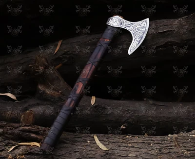Custom Double Headed Viking Axe|Hand Forged Carbon Steel Axe with Leather Sheath - Image 1 of 4