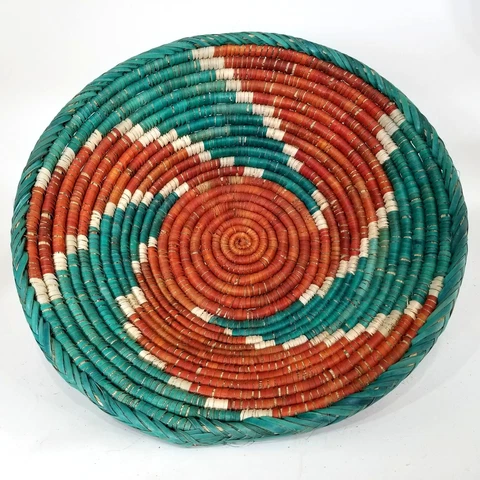 Hand Woven Basket Bowl Round Sun Swirl Coil Teal Blue Brown Table Wall Decor 18" Cover