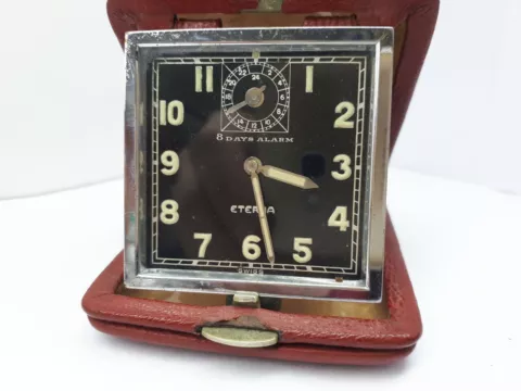 VINTAGE ETERNA 8 DAYS SWISS ALARM TRAVEL FOLDING CLOCK IN LEATHER CASE RARE COND Cover