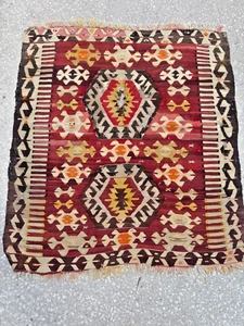 Antique Turkish Kilim Blanket | 47"L x 42"W | Colorful Design | Wear & Fade - Picture 1 of 21