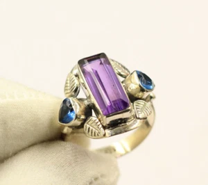 Natural Amethyst & Blue Topaz Three Stone Ring, Handmade Sterling Silver Jewelry - Picture 1 of 7