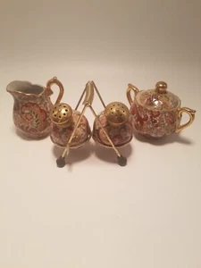 Enesco Red Chintz Floral Sugar, Lidded Creamer, Salt & Pepper & Metal Rack, 6 pc - Picture 1 of 5