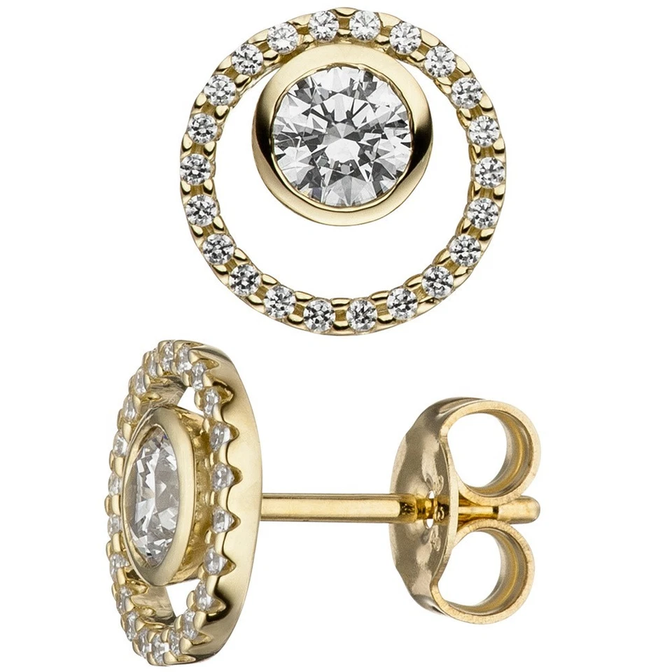 Par Pendientes de Botón Redondo 333 Oro Amarillo con Circonia Blanco - Imagen 1 de 1