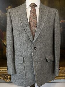 VTG BESPOKE 44R Gray Herringbone Wool Tweed Leather Wrapped 2Btn Blazer Jacket