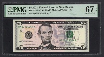 United States-Federal Reserve 5 Dollars 2021 Fr#1999-A (QAA Block) UNC Grade 67 - Image 1 of 2