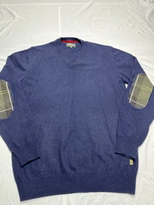 Barbour Men's Navy Blue v neck Cashmere wool Elbow Patch Tartan size Med - Picture 1 of 8