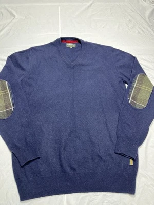 Barbour Masculino Azul Marinho Decote V Lã de Cashmere Cotovelo Patch Tartan Tamanho Médio - Imagem 1 de 4
