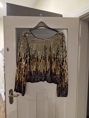 Rixo London Bettina Sequin Flared Sleeve Top Small Sequin Gold Silver Burgundy - Image 1 of 4