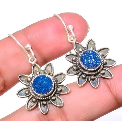 Titanium Blue Agate Drusy 925 Sterling Silver Bali Flower Earring 1.37" E7356-14 - Image 1 of 4