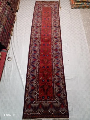 Handmade Afghan Adraskani Wool Runner Rug 11.6ft x 2.7ft – Traditional Balouch D - Image 1 of 4